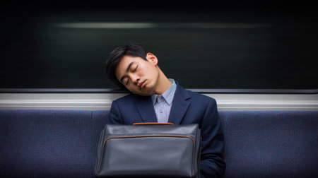 A young man dressed in a business suit rests his head on the subway window, holding a briefcase, capturing a peaceful moment during his commute.の素材