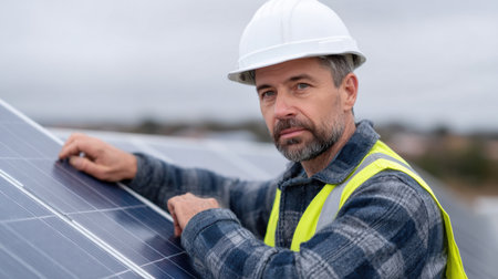 A dedicated worker is seen installing solar panels on a rooftop during overcast weather. Dressed in a helmet and safety vest, he exemplifies commitment to renewable energy solutions, showcasing modern technology.の素材