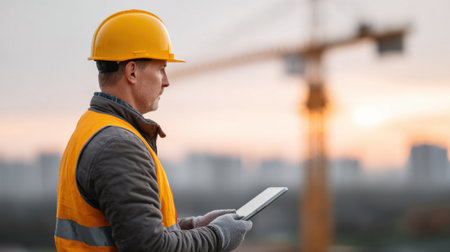 A construction worker stands at a building site using a tablet as the sun sets behind a crane and urban skyline, emphasizing the role of technology in construction.の素材