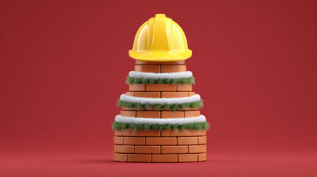 This image features a unique Christmas tree made of bricks topped with a yellow hard hat and festive green decorations, set against a vibrant red background.の素材