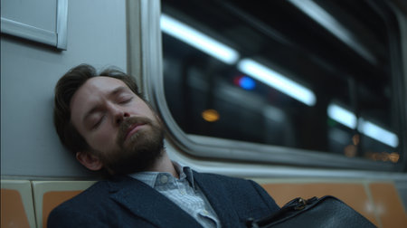 A man rests peacefully on a subway seat, eyes closed, embodying urban solitude during an evening commute. The gentle lighting enhances a sense of calm amid the bustling city.の素材