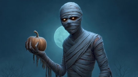 A thrilling depiction of a spooky mummy holding a pumpkin under a luminous full moon, capturing the essence of Halloween night. The eerie atmosphere enhances the mystique, creating a captivating image that embodies festive spirit and horror.の素材