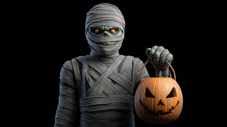 A spooky mummy stands against a dark backdrop, holding a carved pumpkin, evoking Halloween spirit. Perfect for festive themes, decorations, and eerie charm.の素材