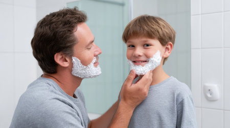 A heartwarming scene of a father and son enjoying their time together while pretending to shave. The playful atmosphere highlights their close bond and joyful moments in the bathroom.の素材