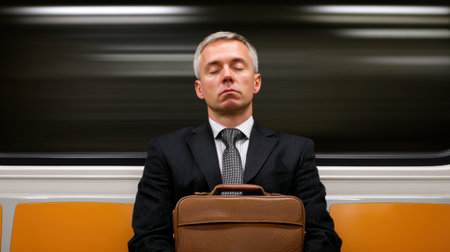 A businessman dressed in a suit sits quietly on a subway train, eyes closed, with a briefcase beside him, creating a serene moment amidst urban movement.の素材