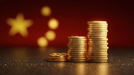 A visually striking image featuring a stack of golden coins against a blurred backdrop of the Chinese flag, representing wealth and economic growth.の素材
