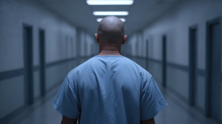 A solitary figure in surgical scrubs stands in a quiet hospital corridor, facing away. The soft lighting and minimalist design create a serene atmosphere, emphasizing the healthcare environment and the emotions of isolation and contemplation.の素材