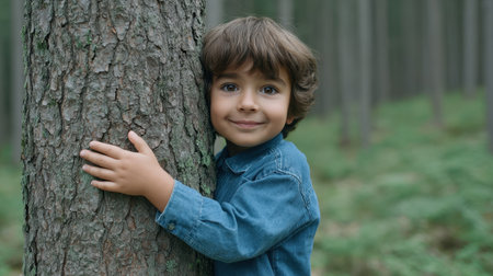 A young boy with a gentle smile embraces a tree in a serene forest setting, showcasing a connection with nature and the joy of childhood.の素材