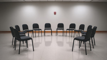 A minimalist view of a circular arrangement of black chairs in a spacious conference room, perfect for discussion or meetings in a professional setting.の素材