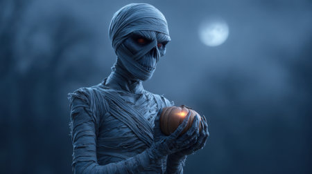 A mysterious mummy holds a glowing pumpkin in a moonlit forest, creating an eerie Halloween atmosphere. This captivating image evokes imagination and intrigue.の素材