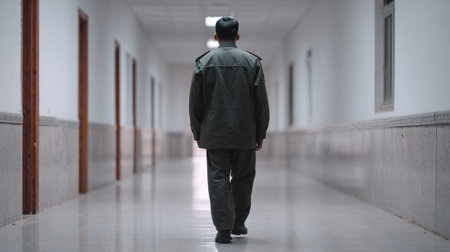 A lone soldier in military uniform walks down a quiet hospital corridor, embodying a sense of determination and solitude amid an empty space.の素材