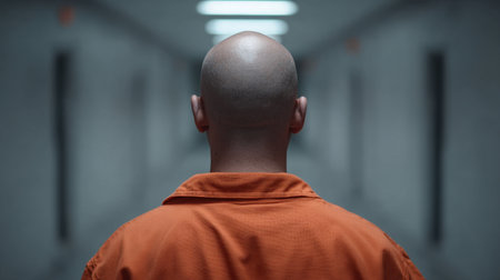 A solitary figure in an orange prison uniform stands in a long, dimly lit hallway, creating an atmosphere of isolation and reflection. The image captures the emotional weight of confinement and the human experience within the justice system.の素材