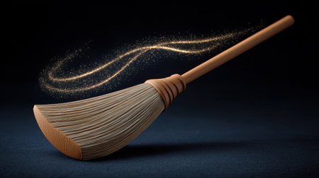 A beautifully crafted wooden broom rests gracefully against a dark backdrop, with shimmering dust trails swirling elegantly, showcasing craftsmanship and design.の素材