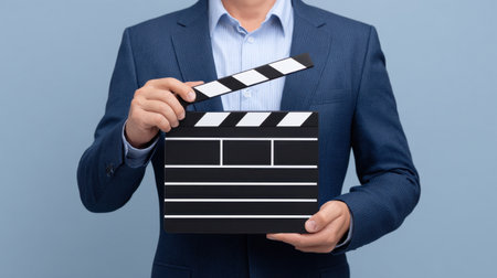 A professional male filmmaker stands against a blue background, holding a classic clapperboard, symbolizing creativity and art in film production.の素材