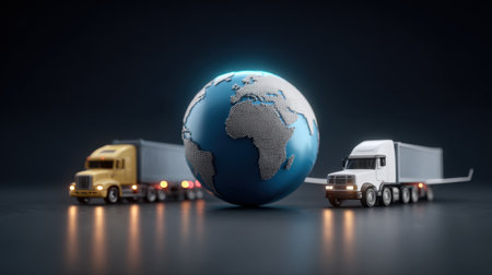 This 3D illustration features toy trucks alongside a detailed globe, symbolizing global logistics and supply chain processes. Ideal for industry-related visuals.の素材
