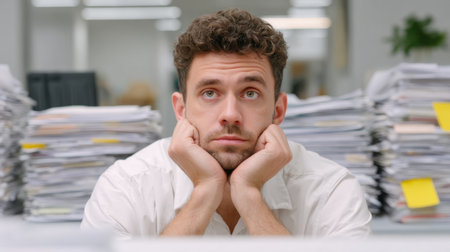 A young man sits at his desk, looking thoughtfully overwhelmed amidst a chaotic stack of paperwork in an office setting.の素材