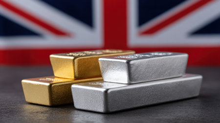 Close-up of gold and silver bars placed artistically in front of a United Kingdom flag, symbolizing wealth and national pride in finance and investment.の素材
