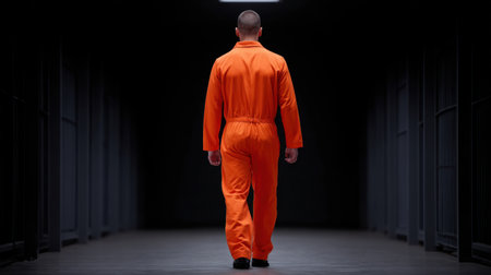 A solitary figure dressed in an orange jumpsuit walks through a dark, atmospheric hallway, evoking feelings of isolation and tension in a cinematic setting.の素材