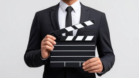 A professional filmmaker in formal attire stands holding a movie clapperboard, symbolizing the art of film production and creativity in the industry.の素材
