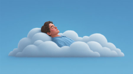 A serene scene featuring a man peacefully resting on fluffy clouds under a bright blue sky. This image evokes feelings of calmness, relaxation, and freedom, perfect for wellness and mindfulness themes.の素材