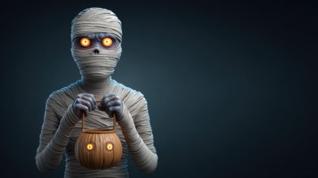 A captivating mummy figure with glowing orange eyes holds a wooden lantern, creating an eerie atmosphere perfect for Halloween festivities.の素材