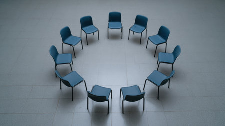 This image showcases a circle of ten empty blue chairs arranged neatly on a light-colored tile floor, ideal for meetings or group discussions.の素材