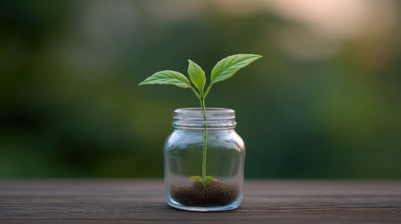 A small green plant emerges from rich soil inside a glass jar, symbolizing growth and renewal. The serene nature background enhances this beautiful moment.の素材