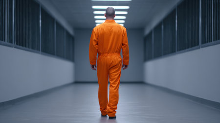 A solitary inmate dressed in an orange jumpsuit walks down a dimly lit prison hallway, evoking themes of confinement, isolation, and introspection in a stark environment.の素材