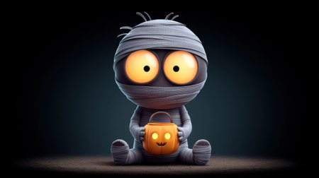 This adorable cartoon mummy character holds a bright pumpkin candy bucket, perfect for Halloween celebrations. Ideal for festive decorations and children's events.の素材