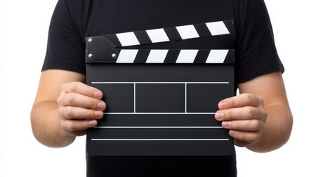 A person holds a classic film slate with black and white design, symbolizing filmmaking and video production. Ideal for projects focused on cinema.の素材