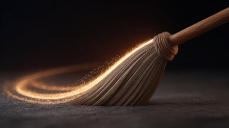 This image features a broom in motion, creating a swirl of sparkling dust on a dark surface, showcasing artistry in cleaning and minimalistic design.の素材