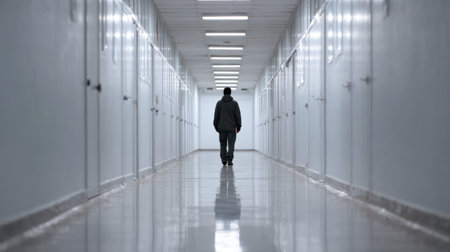 A solitary figure walks down a long, illuminated corridor featuring white walls and a reflective floor. The scene evokes feelings of isolation and contemplation, ideal for themes of solitude and exploration.の素材