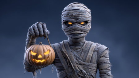 This captivating image features a spooky mummy character holding a glowing pumpkin, making it perfect for Halloween themes and festive decorations.の素材