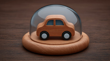 A charming wooden toy car sits under a glass dome on a round wooden base, offering a delightful blend of artistic design and playful decor for any child's room.の素材