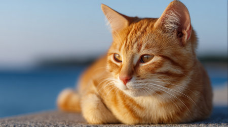 A beautiful ginger cat lounges by the water, basking in soft evening light. Its calm expression and relaxed posture capture the essence of tranquility in nature.の素材