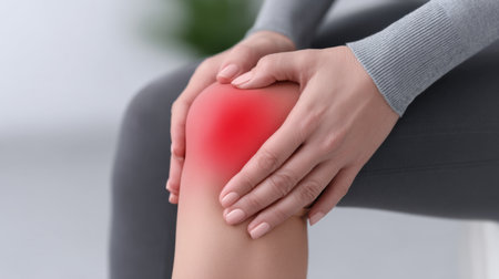 A woman gently holds her knee with a red spot, indicating pain. She sits indoors wearing comfortable clothing, promoting wellness and self-care practices.の素材