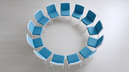 A modern setup of blue and white chairs arranged in a perfect circle, ideal for collaborative meetings or group discussions in a stylish minimalist environment.の素材