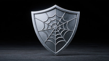 This metallic shield features an intricate spider web design, ideal for fantasy art, gaming projects, or decorative concepts, set against a dark background.の素材