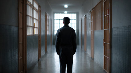 A solitary man stands in a dark prison corridor, surrounded by closed doors, evoking feelings of isolation and contemplation in a tense atmosphere.の素材