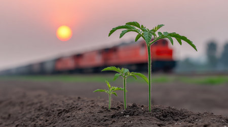 This captivating image features young green plants emerging from rich soil with a train blurred in the background at sunset, symbolizing the intersection of nature and transportation.の素材