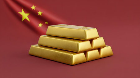 A stunning display of gold bullion bars against a vibrant background featuring the Chinese flag, symbolizing wealth, prosperity, and economic growth.の素材