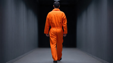 A solitary individual in an orange jumpsuit walks down a dimly lit corridor, creating a powerful sense of isolation and mystery in an industrial setting.の素材