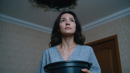 A woman stands in a home interior with a bucket, looking up at a water leak. Her concerned expression reflects the worry over home damage. The ceiling shows signs of distress, illustrating a domestic disruption that may require immediate attention.の素材