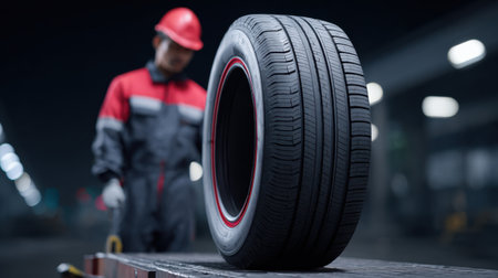 A focused worker in safety gear inspects a tire in an industrial workshop. The dramatic lighting highlights the tire's detailed surface, showcasing modern technology.の素材