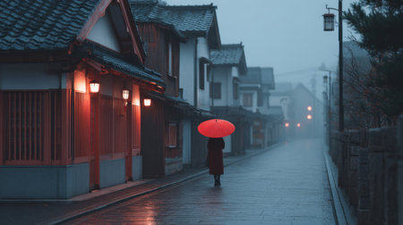 A tranquil scene captures a lone figure walking with a red umbrella along a misty street. Traditional buildings and warm lanterns enhance the serene atmosphere, inviting viewers into a moment of calm and reflection.の素材