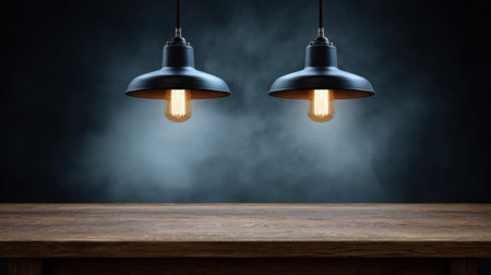 This beautiful image showcases elegant hanging lights above a wooden table, providing a cozy atmosphere with a dark background and soft fog. Ideal for design inspiration.の素材