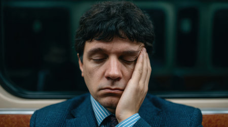 A serene scene of a tired commuter resting on public transport, capturing the essence of urban life and daily struggles, lost in thought during the journey.の素材