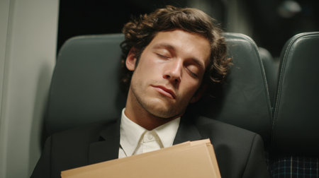 A businessman sleeps peacefully on a train, holding a briefcase, capturing the essence of tired commuters finding brief moments of rest during their busy travel.の素材
