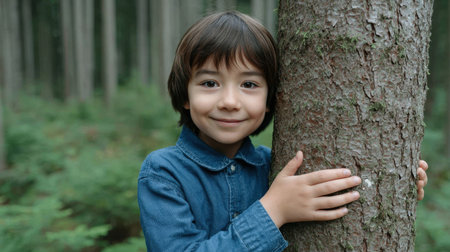 A cheerful child smiles while hugging a tree in a lush forest, symbolizing a strong connection with nature and evoking feelings of joy and innocence.の素材