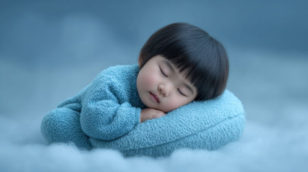 A serene scene depicting a young baby peacefully sleeping on a soft blue pillow, surrounded by fluffy clouds, evoking feelings of tranquility and innocence.の素材